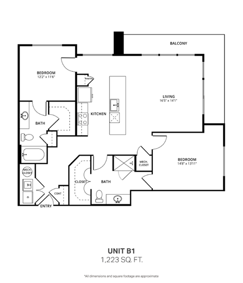 Floor plan for 2 beds, 2 baths, 1223 sqft
